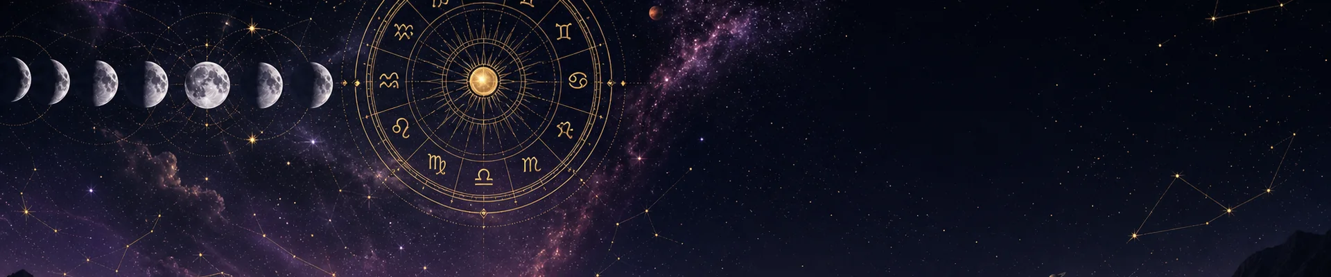 A wide starry cosmic banner with moon phases, constellations, and a gold zodiac circle.